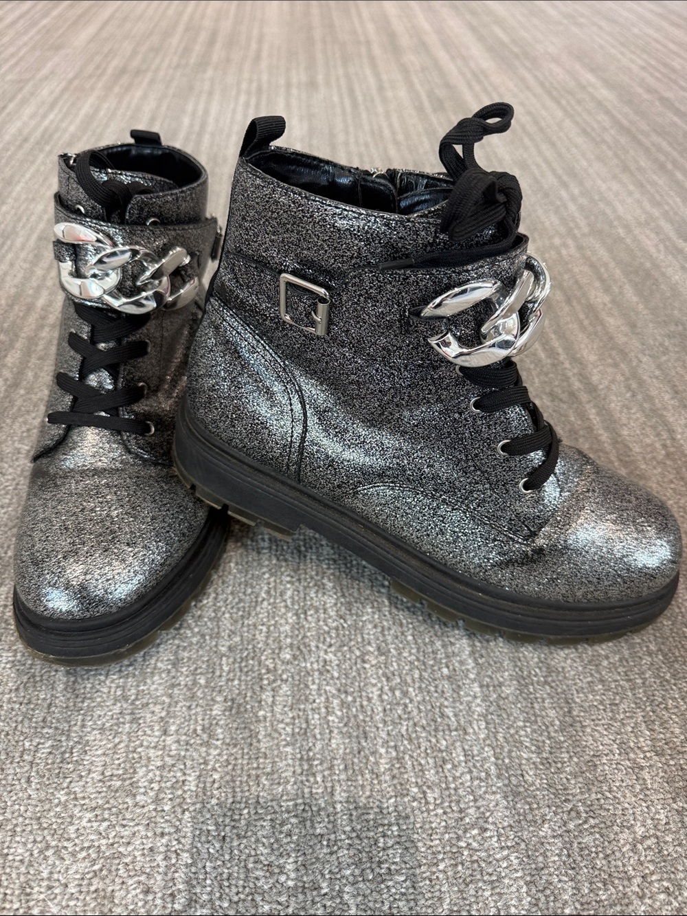 Nina Girls Weslyn Black Glitter Combat Boots Size 6